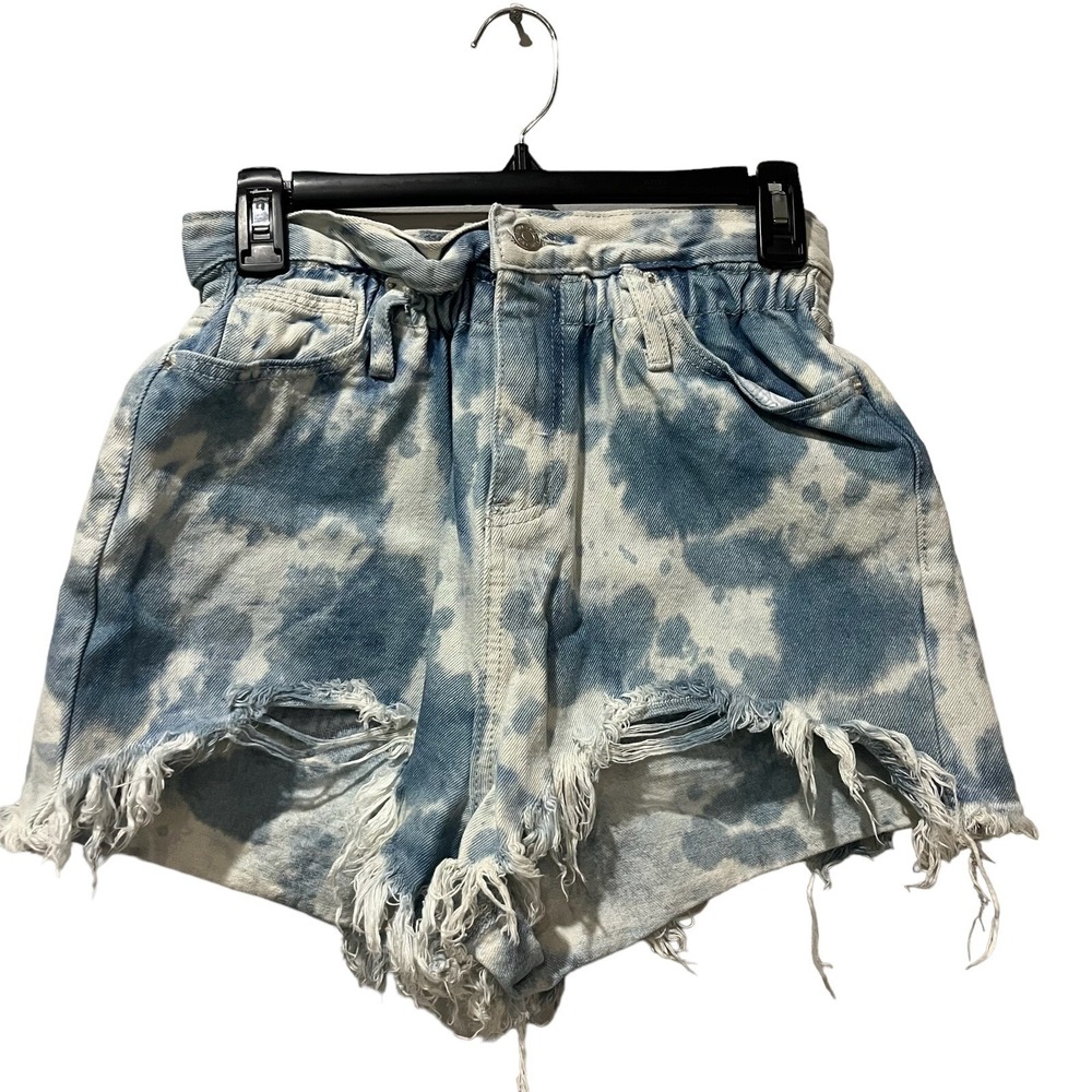 NEW Signature 8 Paperbag Jean Shorts Women's Medium Blue White Frayed High Rise